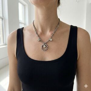 Vintage 1950s Crystal Rhinestone Circle Drop Silver Tone Necklace